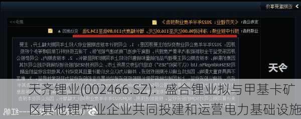 天齐锂业(002466.SZ)：盛合锂业拟与甲基卡矿区其他锂产业企业共同投建和运营电力基础设施