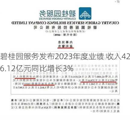 碧桂园服务发布2023年度业绩 收入426.12亿元同比增长3%