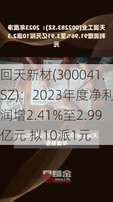 回天新材(300041.SZ)：2023年度净利润增2.41%至2.99亿元 拟10派1元