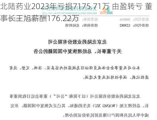 北陆药业2023年亏损7175.71万 由盈转亏 董事长王旭薪酬176.22万