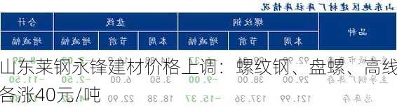 山东莱钢永锋建材价格上调：螺纹钢、盘螺、高线各涨40元/吨