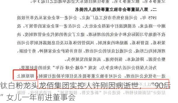 钛白粉龙头龙佰集团实控人许刚因病逝世， “90后”女儿一年前进董事会