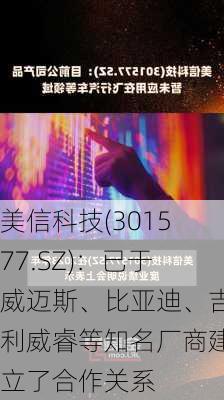 美信科技(301577.SZ)：已于威迈斯、比亚迪、吉利威睿等知名厂商建立了合作关系