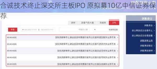 合诚技术终止深交所主板IPO 原拟募10亿中信证券保荐