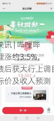 快讯 | 哔哩哔哩涨约3.5%，绩后获大行上调目标价及收入预测