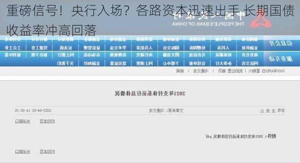 重磅信号！央行入场？各路资本迅速出手 长期国债收益率冲高回落