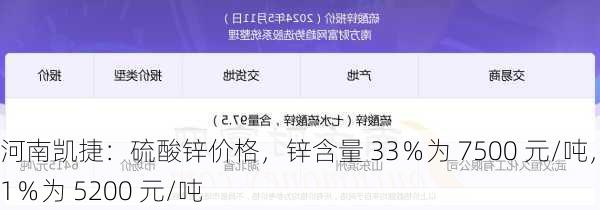 河南凯捷：硫酸锌价格，锌含量 33％为 7500 元/吨，21％为 5200 元/吨