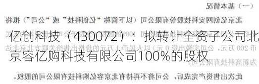 亿创科技（430072）：拟转让全资子公司北京容亿购科技有限公司100%的股权