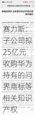 赛力斯：子公司拟25亿元收购华为持有的问界商标等相关知识产权