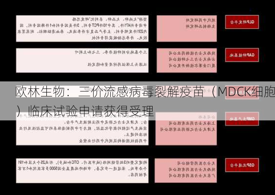 欧林生物：三价流感病毒裂解疫苗（MDCK细胞）临床试验申请获得受理