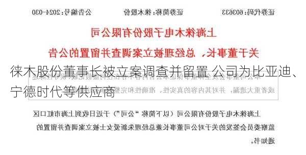 徕木股份董事长被立案调查并留置 公司为比亚迪、宁德时代等供应商