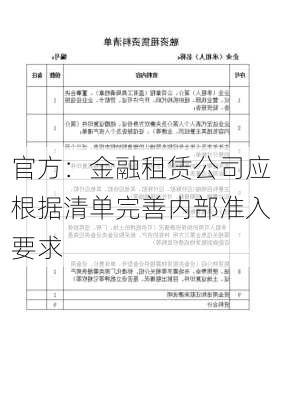 官方：金融租赁公司应根据清单完善内部准入要求