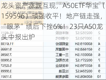 龙头资产涨跌互现，A50ETF华宝（159596）顽强收平！地产链走强，“眼茅”绩后下挫6%！23只A50龙头中报出炉