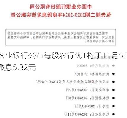 农业银行公布每股农行优1将于11月5日派息5.32元