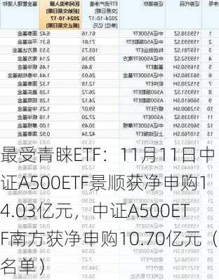 最受青睐ETF：11月11日中证A500ETF景顺获净申购14.03亿元，中证A500ETF南方获净申购10.70亿元（名单）