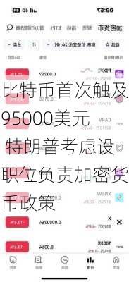 比特币首次触及95000美元 特朗普考虑设职位负责加密货币政策