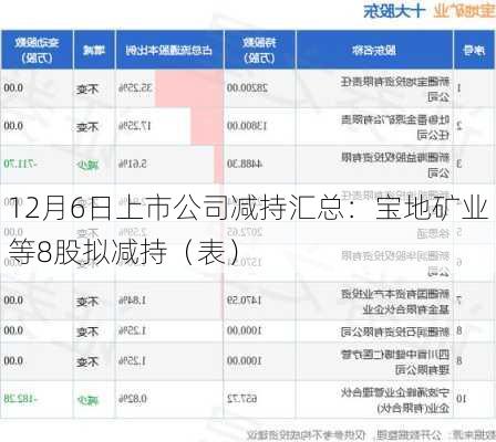 12月6日上市公司减持汇总：宝地矿业等8股拟减持（表）