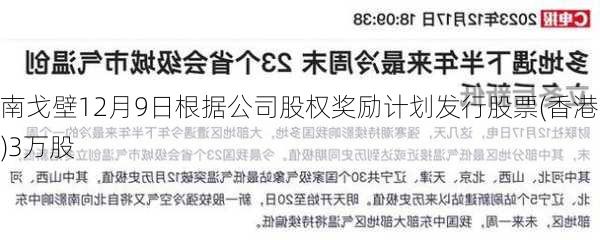 南戈壁12月9日根据公司股权奖励计划发行股票(香港)3万股