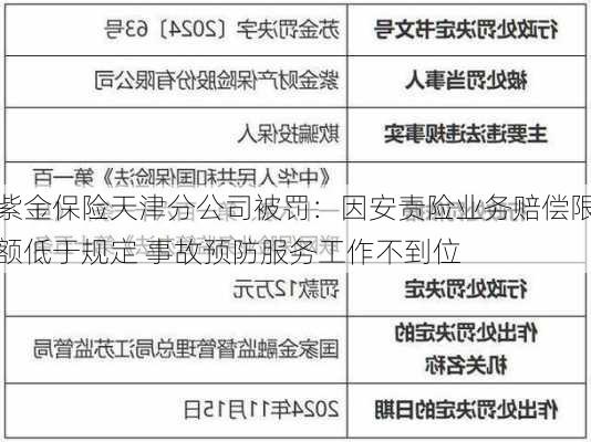 紫金保险天津分公司被罚：因安责险业务赔偿限额低于规定 事故预防服务工作不到位