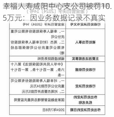 幸福人寿咸阳中心支公司被罚10.5万元：因业务数据记录不真实