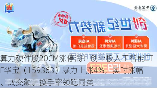 算力硬件股20CM涨停潮！创业板人工智能ETF华宝（159363）暴力上涨4%，实时涨幅、成交额、换手率领跑同类